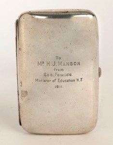An antique English sterling silver cigar case with gilt wash interior and inscription "To Mr. H. J. Mason From Geo. Folds, Minister of Education, N.Z, 1911", 14cm high, 178 grams