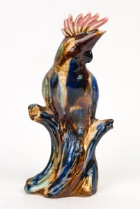 HUNTLY POTTERY cockatoo statue with mottled glaze, stamped "Huntly Pottery, Made in Bendigo Australia", 29cm high