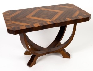 An Australian Art Deco occasional table with hoop base, Queensland walnut, circa 1930, ​​​​​​​48cm high, 75cm wide, 45cm deep