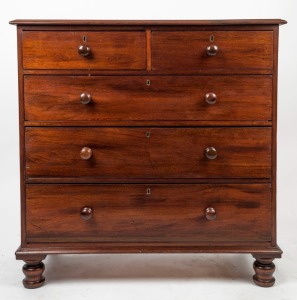 An antique Australian cedar chest of five drawers with pine secondary timbers, mid 19th century, 107cm high, 106cm wide, 48cm deep