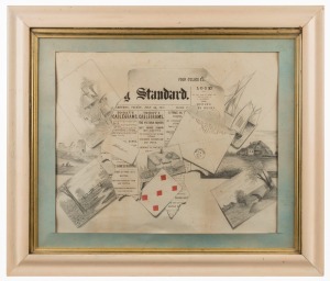 Antique Australian hand-painted newspaper display, circa 1893, signed "A. Shepherd", 41 x 48cm, 60 x 70cm overall