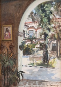 DERMONT HELLIER (1916-2006), Sunlit Courtyard, Cordova, Spain, oil on board, signed lower right "Dermont Hellier", 34 x 24cm, 53 x 43cm overall