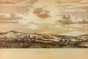 "MELBOURNE From The South Side Of The Yarra,1839" facsimile print in timber frame, 70 x 87cm overall