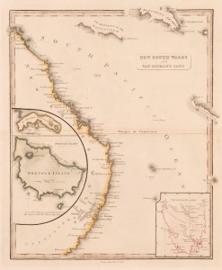 ALLAN BELL & CO. New South Wales and Van Diemen's Land, [London, 1837], hand-coloured copper engraving, with inset maps of Norfolk Island, Lord Howe Island, N. Caledonia and the Solomons Archipelago, 36 x 30cm.