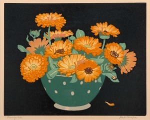 HALL THORPE (1874-1947), Marigolds, woodblock, signed lower right "Hall Thorpe", 24 x 31cm, 44 x 43cm overall