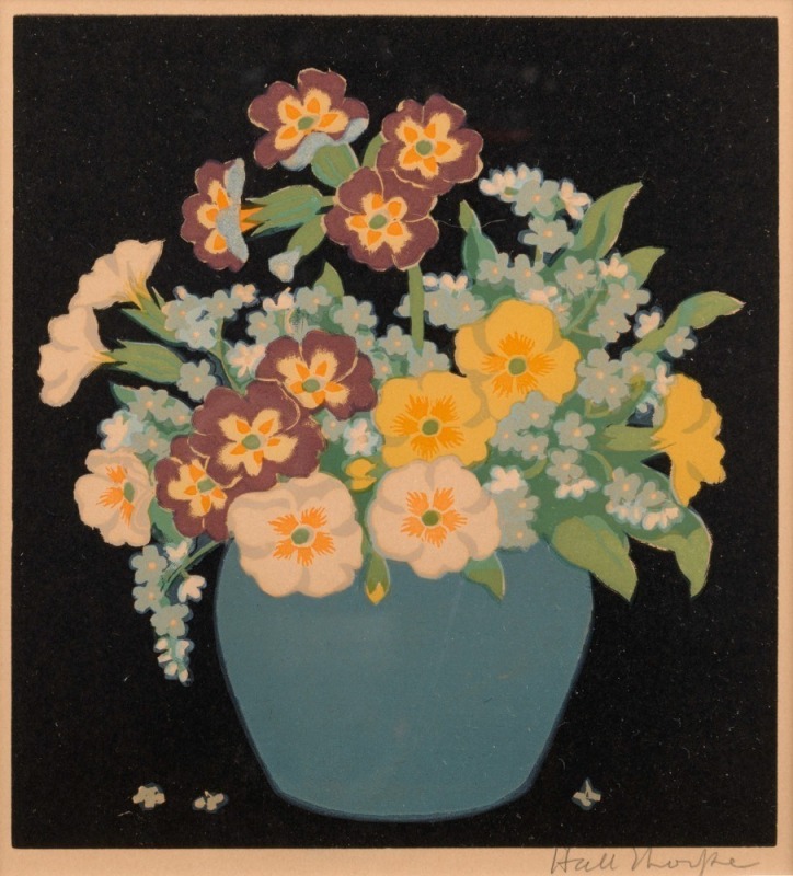 HALL THORPE (1874-1947), Forget-Me-Nots, woodblock, signed lower right "Hall Thorpe", 18 x 16cm, 43 x 43cm overall