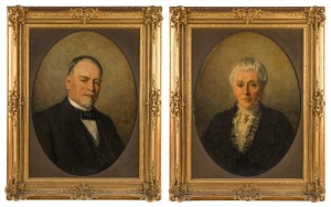 ARTIST UNKNOWN, husband and wife pair of oval portraits, oil on canvas, signed lower right (illegible), and dated 1915, each 75 x 56cm, 103 x 81cm overall