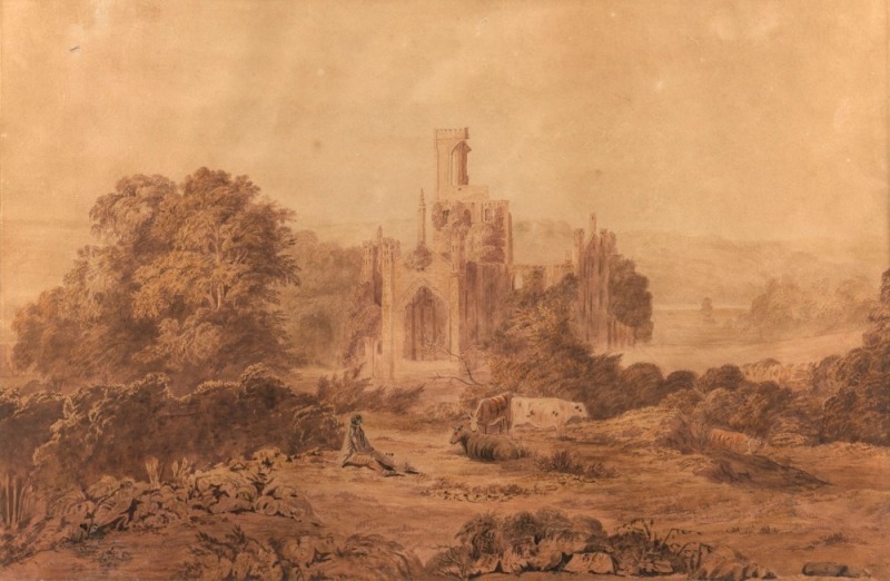 JOHN GLOVER (1767-1849), (attributed), Kirkstall Abbey, watercolour, 37 x 57cm, 71 x 88cm overall