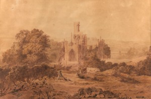 JOHN GLOVER (1767-1849), (attributed), Kirkstall Abbey, watercolour, 37 x 57cm, 71 x 88cm overall