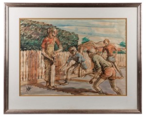 ARTIST UNKNOWN (Australian), I.) French cricket, II.) Football, watercolours, signed lower right (illegible), ​​​​​​​51 x 71cm, 79 x 987cm overall
