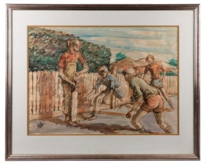 ARTIST UNKNOWN (Australian), I.) French cricket, II.) Football, watercolours, signed lower right (illegible), 51 x 71cm, 79 x 987cm overall
