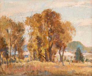 GARRET KINGSLEY (1915-1982), Valley Homestead, oil on board, signed lower right "Garret Kingsley", 38 x 45cm, 55 x 63cm overall