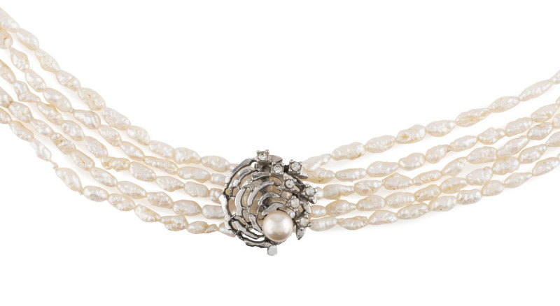 A freshwater pearl necklace, five strands adorned with a white gold and diamond set clasp, 72cm long