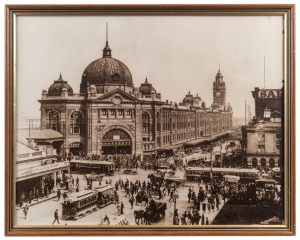 Four framed Melbourne scene photographic prints with scenes of the Yarra River and Flinders Street Station, ​the largest 48 x 62cm overall