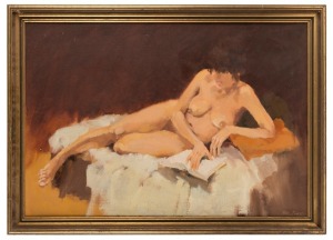 HELEN BASSETT, (reclining female nude), oil on board, signed lower right "Helen Bassett", ​​​​​​​58 x 85cm, 69 x 96cm overall