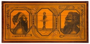 Australian prison art tabletop with painted Aboriginal portraits and themes, circa 1950s, 46 x 96cm
