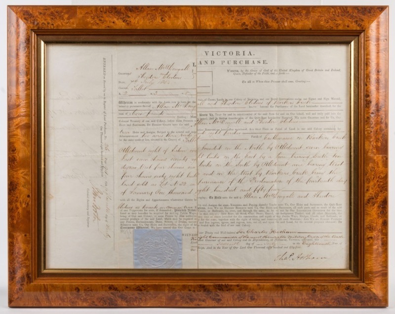 1854 VICTORIAN LAND GRANT DURING THE GOLD RUSH: July 1854 land grant by purchase to Allan McDougall and Theodore Clodins, signed and sealed by SIR CHARLES HOTHAM whilst serving as 2nd Lieutenant-Governor of Victoria (Appointed 1st Governor of Victoria in