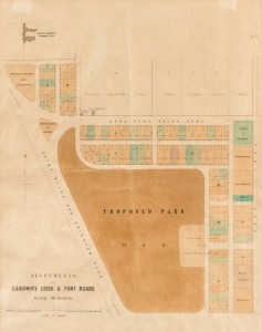 SOUTH YARRA: 'Allotments on Gardiner's Creek & Punt Road, South Melbourne, lithographed sub-division plan by P.M. McGoldrick, Temporary Surveyor, dated February 1859, showing 'Proposed Park' (Fawkner Park, created in 1862), Gardiner's Creek Road (now Toor