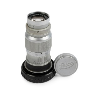 LEITZ: Elmar f4 90mm lens [#1183289], 1954, E39 screw mount with black vulcanite band, ELANG,  with plastic rear cap and metal front cap