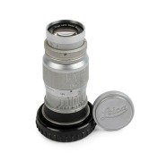 LEITZ: Elmar f4 90mm lens [#1183289], 1954,&nbsp;E39 screw mount with black vulcanite band, ELANG,&nbsp; with plastic rear cap and metal front cap
