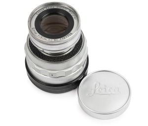 LEITZ: Elmar f4 90mm (collapsible bayonet mount) lens [#1262755], 1955, ILNOO, smooth chrome finish with plastic back cap and metal front cap