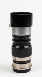 LEITZ: Elmar 90mm f4 lens [#165935] (scale in feet), with integrated hood and rear metal cap; ELANG.