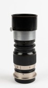 LEITZ: Elmar 90mm f4 lens [#165935]&nbsp;(scale in feet), with integrated hood and rear metal cap; ELANG.