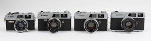 Canon Canonet Group comprising the 1961 original model [#487127] with Canon SE 45mm f1.9 lens; a Canonet S model, 1964 [#156716] with Canon SE 45mm f1.7 lens; a Canonet QL19, 1965 [#557786] with Canon SE 45mm f1.9 lens and a Canonet G-III QL17, 1972 [#L27