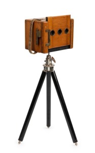 W. Butcher & Sons, London: Royal Mail Panel Camera Model III (for copying cabinet portraits), with three lenses, circa 1907, mounted on W. Butcher & Sons tripod