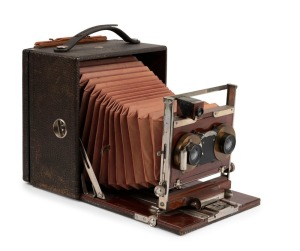 Rochester Optical Company: Premo Senior stereo folding plate camera (marked Pony Premo No. 6), circa 1895, with Bausch & Lomb stereo pneumatic shutter "unique" and rapid rectilinear lenses. Original maroon bellows.