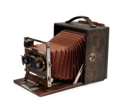 Rochester Optical Company: Premo Senior stereo folding plate camera (marked Pony Premo No. 6), circa 1895, with Bausch & Lomb stereo pneumatic shutter "unique" and rapid rectilinear lenses. Original maroon bellows. - 2