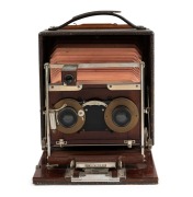 Rochester Optical Company: Premo Senior stereo folding plate camera (marked Pony Premo No. 6), circa 1895, with Bausch & Lomb stereo pneumatic shutter "unique" and rapid rectilinear lenses. Original maroon bellows. - 3