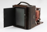 Rochester Optical Company: Premo Senior stereo folding plate camera (marked Pony Premo No. 6), circa 1895, with Bausch & Lomb stereo pneumatic shutter "unique" and rapid rectilinear lenses. Original maroon bellows. - 4