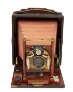 Rochester Optical Company: Pony premo No. 3 folding bed camera, circa 1905, with Bausch & Lomb "Victor" shutter and rectilinear lens. Original leather bellows. Double dark slide present. - 3