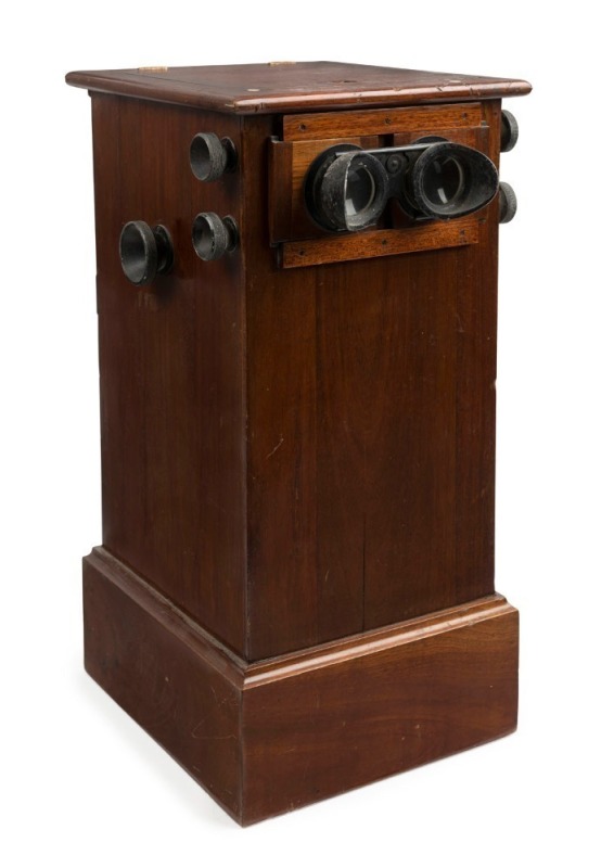 MATTEY (style) table top revolving stereoscopic viewer in timber case, circa 1900; 53cm high.