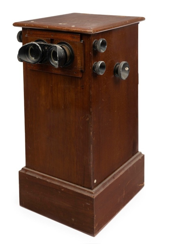  MATTEY (style) table top revolving stereoscopic viewer in timber case, circa 1900; 53cm high.