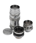 CANON screw-mount lenses: Canon 35mm f2.8 [#32489];&nbsp;Serenar 50mm f1.9 [31793]; and, Serenar 135mm f4. (3 items).