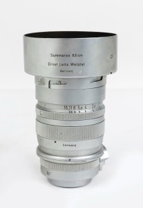 LEITZ: 85mm f1.5 screw mount Summarex lens (chrome) [#823719] SOOCX, with associated hood and rear metal cap.