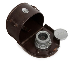 LEITZ: Elmar 50mm f3.5 (BM, chrome) lens [#1333915] ELMAR [111], with metal cap in Leica leather case. 