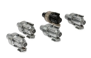 LEITZ: VIDOM black and nickel (1) and chrome (4) viewfinders; 2 with measurements in feet. (5 items).