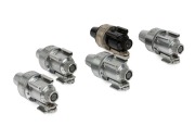 LEITZ: VIDOM&nbsp;black and nickel (1) and chrome (4) viewfinders; 2 with measurements in feet. (5 items).