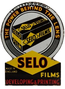 "SELO FILMS DEVELOPING & PRINTING" vintage double sided tin and enamel advertising sign, circa 1925, 58cm high, 38cm wide