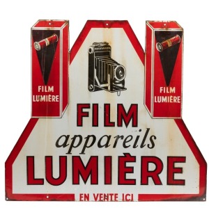 "FILM LUMIÉRE APPAREILS" French vintage double sided tin enamel advertising sign, circa 1930, 85cm high, 95cm wide