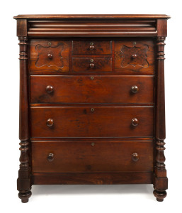 An impressive Colonial Australian chest of eight drawers with plum pudding cuts of cedar and turned columns, New South Wales origin, circa 1860