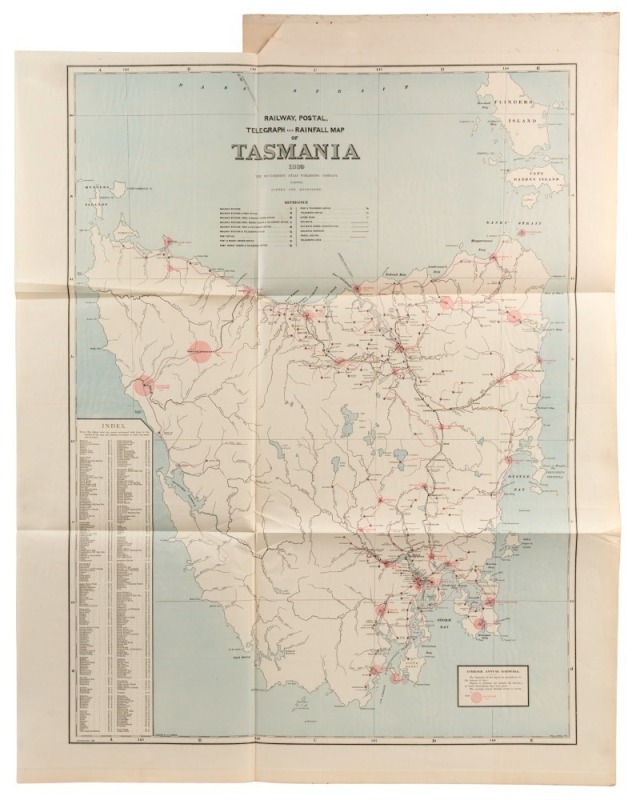 "RAILWAY, POSTAL, TELEGRAPH and RAINFALL MAP of TASMANIA 1889" by Alex J. Scally for the Picturesque Atlas Publishing Co., overall 84 x 69cm.