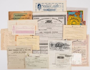 EPHEMERA, an attractive accumulation including bank cheques, share certificates, labels etc. 19th and 20th century, (qty)