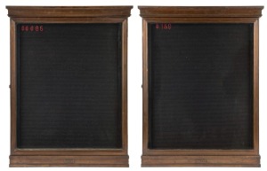 A pair of antique lobby cabinets, timber, copper and glass, Melbourne origin, 19th/20th century, stamped "Gill", 86cm high, 65cm wide, 8cm deep