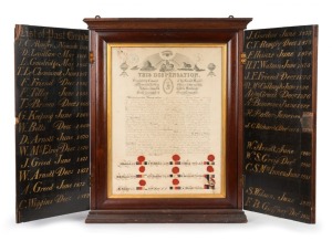 PORT FAIRY "INDEPENDENT ORDER OF ODD FELLOWS" honour board in Australian cedar cabinet, circa 1863, 84cm high, 69cm wide when closed