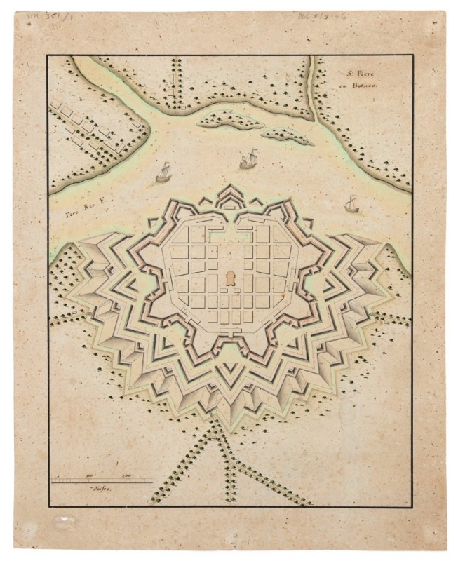 UNKNOWN CARTOGRAPHER/ARCHITECT: BORNEO. MANUSCRIPT PLAN of a fort with surrounding islands, pen and ink in colour, 34 x 27cm. A mid 18th century French fortification plan, with buildings inside a construction of polygon borders, showing a landmass to the