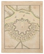 UNKNOWN CARTOGRAPHER/ARCHITECT: BORNEO. MANUSCRIPT PLAN of a fort with surrounding islands, pen and ink in colour, 34 x 27cm. A mid 18th century French fortification plan, with buildings inside a construction of polygon borders, showing a landmass to the